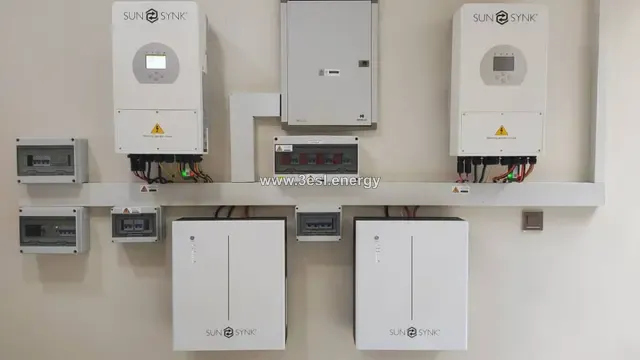 Two wall-mounted Sunsynk hybrid inverters above matching lithium battery units.